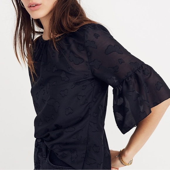Madewell Black Butterfly Jacquard Ruffle Blouse - Picture 1 of 8